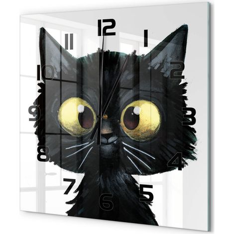 Grande Horloge Murale Carrée Décoration Salon Moderne Verre Trempé Artistique Illustration de chat 60x60 cm (1/5)