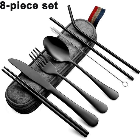 Couverte En Acier Inoxydable - Set De Couverts Reutilisables Avec Etui De Transport - Pour Camping Pique-Nique Voyage - 8 Pièces (1/5)