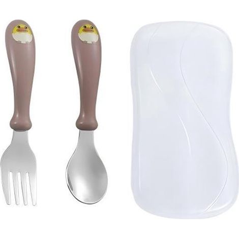 Juego de vajilla infantil de tres piezas: cuchara, tenedor, acero inoxidable, mango de plástico, bonito diseño de pollito. (1/5)