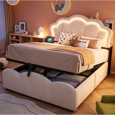 Lit coffre 140x200 cm en velours beige, gain de place pour chambre, FloraGrace (1/5)
