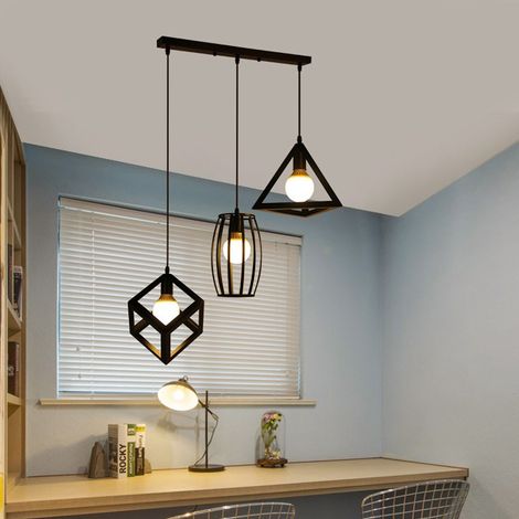 Lámparas De Colgar 3 Cabeza Geométrico Retro Vintage Lámpara De Techo Creativo Moderno Metal Para Sala Cocina Pasillo (Negro)