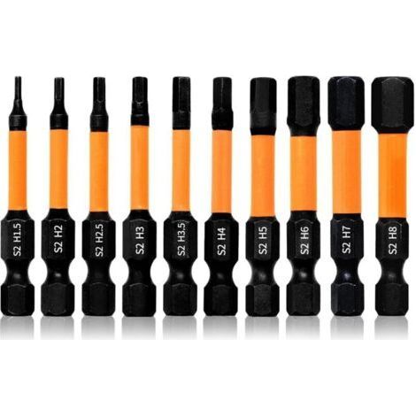 10pcs 50mm Long Hex Screwdriver Bit Set, Magnetic Impact Internal Hex Screwdriver Bits H1.5 H2 H2.5 H3 H3.5 H4 H5 H6 H7 H8, 1/4" Hex Shank (1/4)