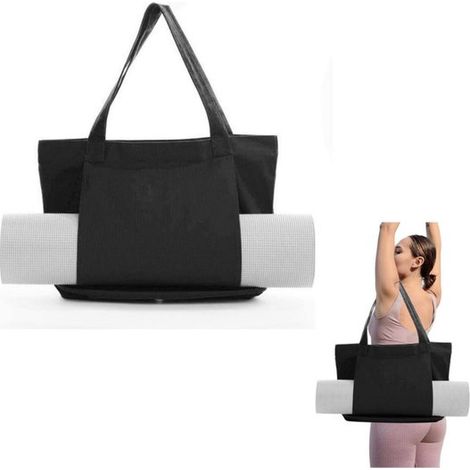 1 pezzo - Borsa da yoga da donna - Borsa tote in tela - Borsa a mano per yoga - Borsa sportiva e da palestra - Nera - 46 x 35 cm - Per ufficio, allenamento, viaggi, palestra, spiaggia, ecc. (1/4)