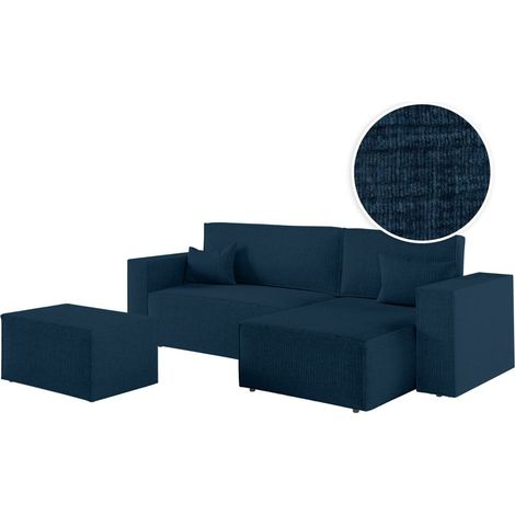 PACK - CLARISSE - Canapé d'angle convertible réversible avec pouf en tissu texturé 3D - Bleu foncé (1/5)