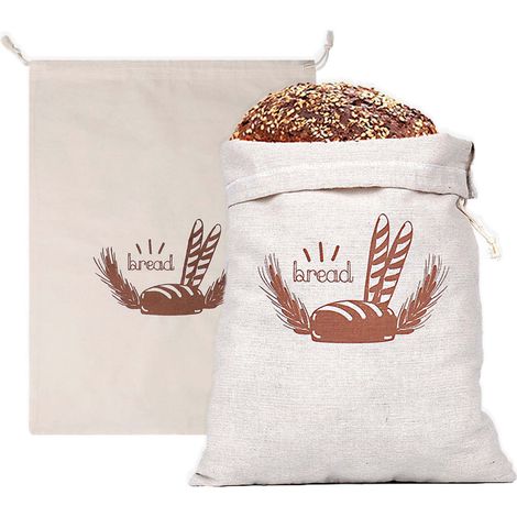 2 sacs pain lin 40×30 cm, cordon serrage, réutilisables, pour baguettes/pains maison