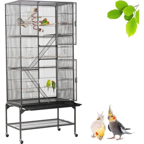 Yaheetech Gabbia Voliera per Uccelli Pappagalli Inseparabili Calopsite Grande con Piedistallo in Metallo Giocattolo Gabbia per Conigli Nano Criceti Gatti 77 x 46 x 175,5 cm Nera