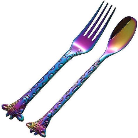 Ensemble de 2 cuillères et fourchettes à dessert en acier inoxydable, cuillères à mélanger, fourchettes à gâteaux à motifs de dessins animés, pour la maison et le restaurant, couleurs vives PZX (1/3)