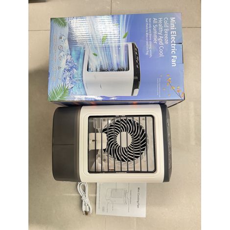 Tragbare Klimaanlage, Tischventilator mit farbiger Ambientebeleuchtung, 3 Windgeschwindigkeiten, zwei Sprühdüsen, 2 Nebelstufen, USB-Tischventilator mit Luftbefeuchter, Ein-Knopf-Verstärkung