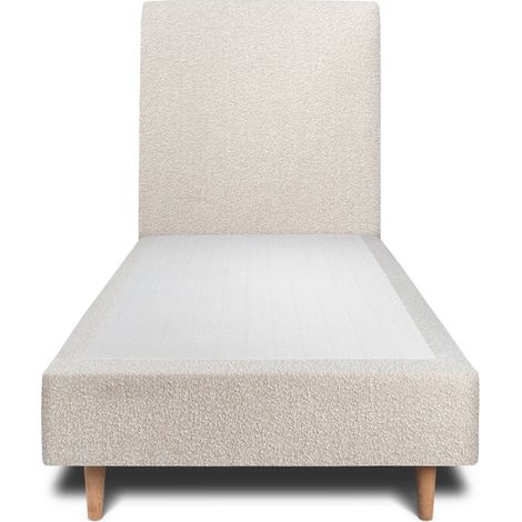 Lit 90x200cm avec tête de lit tapissier bouclette et sommier tapissier beige - Hauteur totale : 35cm (1/4)
