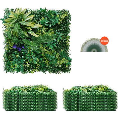 Mur Végétal Artificiel 12 PCS Panneau Mural Décoratif Plante Artificielle 3D Emboîtable, 50x50 cm, pour Décoration Intérieure Extérieure, Couverture de Clôture en Lierre, Brise-vue Mural Jardin (1/5)