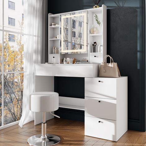 Tavolo da toilette Livora, Bianco, 105.5 cm con specchio a LED, Vicco