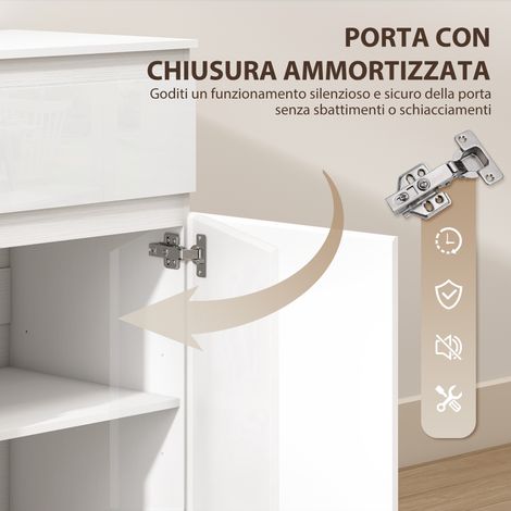 Crédence mobile 5 tiroirs avec étagère réglable, blanc laqué brillant, meuble de rangement design moderne pour salon ou espace bureau