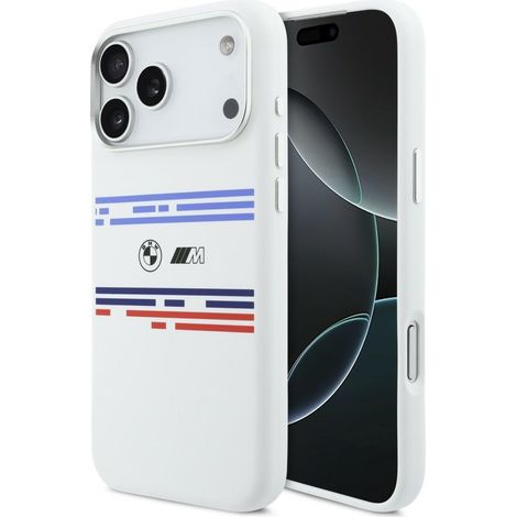 Coque BMW M en silicone à lignes horizontales MagSafe pour iPhone 17 Pro Max blanche (1/5)