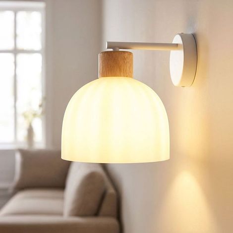 Applique murale lampe de couloir métal blanc matte bois brun verre opalin H24cm (1/5)