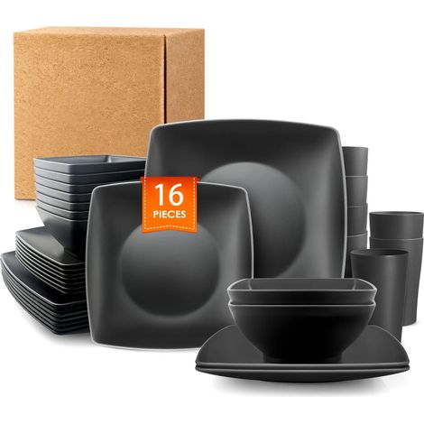 (Ensemble de 16 pièces) Service de couverts comprenant une assiette à steak carrée, un bol à salade et des tasses carrées. (1/5)