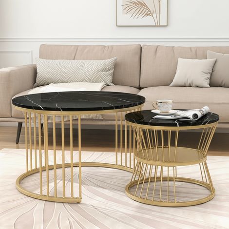 ADWOLT Lot de 2 tables basses gigognes,table basse ronde, structure en métal et plateau en marbre,table d'appoint,Noir et doré