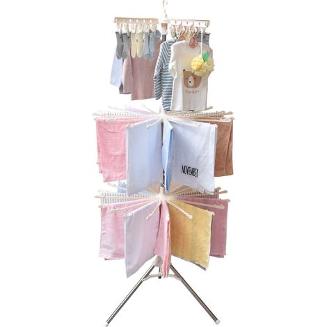 Séchoir à linge rotatif 360° pliable, 3 niveaux en acier inoxydable blanc, support de charge fiable, accessoire de buanderie (1/5)
