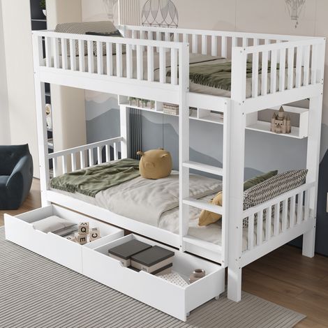 Letto a castello in legno per bambini 90x200cm2 persone, con 2 cassetti, 4 vani portaoggetti, senza materasso, anticaduta, bianco (1/5)