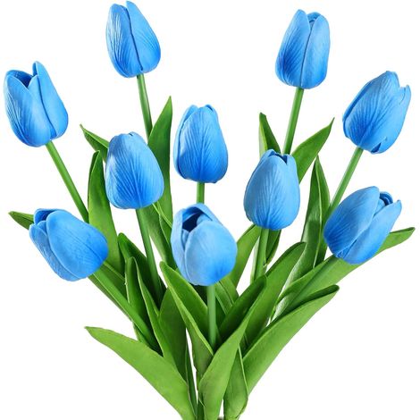 JeiibrZui Himmlische künstliche Tulpen – Blau – 33 cm hoch – Strauß mit 10 realistisch wirkenden Tulpen aus Polyurethan – Hypoallergene Dekoration für Wohnzimmer, Hochzeiten und Partys (1/5)