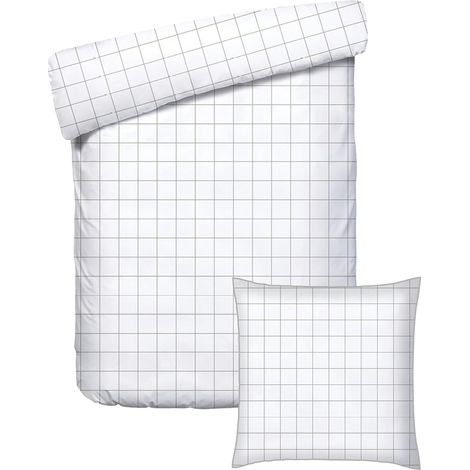 Parure de lit 2 Pièces 1 Personnes - Housse de Couette 140x200 cm et 1 Taie Oreiller 63x63 cm – 100% Satin de Coton, 80 Fils – Léana – Blanc et Taupe (1/5)