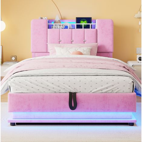 Kinder Polsterbett 220x90x107 cm, LED Beleuchtung, USB Anschluss, Stauraum, Samt, Pink (1/5)