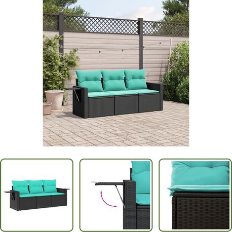 vidaXL Polyrattan - 3-teiliges Gartensofa-Set mit Kissen, schwarzes Polyrattan (1/5)