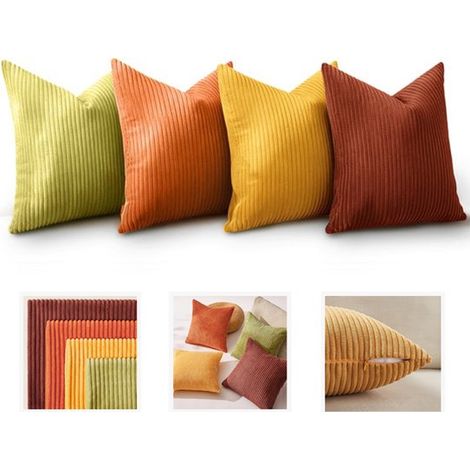 Housses de coussin décoratives, lot de 4, 45 x 45 cm, velours côtelé rayé, multicolores, pour canapé et salon, décoration d'automne (1/5)