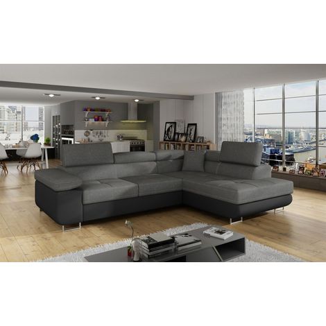 Ecksofa Schlafsofa SARRA Stoff Soft- Sawana Schwarz-Dunkelgrau Ottomane Rechts (1/5)