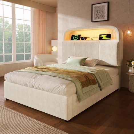 Letto a scomparsa singolo 90x200 cm con testiera regolabile, sistema idraulico, illuminazione LED, porte USB-C, tessuto velluto beige (1/5)