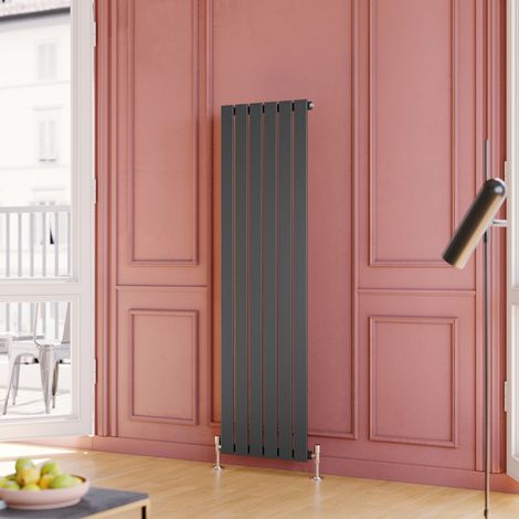 ELEGANT Anthracite Steel Radiator 1600x456mm Vertical Flat Panel + Chrome Thermostatic Radiator Valves (1/5)