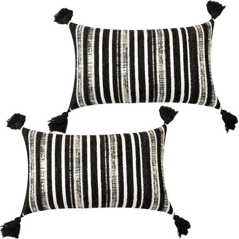 Lot de 2 housses de coussin noires 30 x 50 cm en jacquard rayé avec pompons Décoration esthétique (1/3)