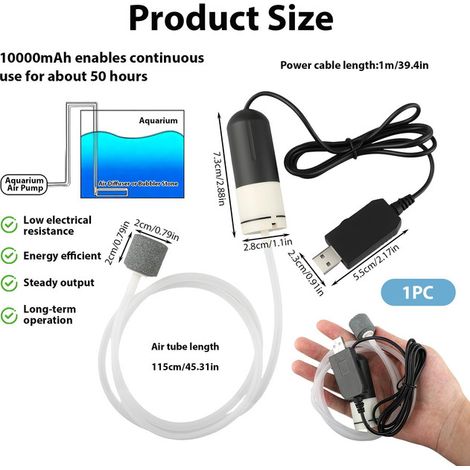 Pompe à Air d'Aquarium USB Mini Compresseur d'Air Portable Silencieux avec Diffuseur Pierre à Bulles et Tuyau pour Aquarium Bassin Pêche Transport de Poissons