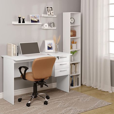 WOLTU Schreibtisch Computertisch Bürotisch Arbeitstisch PC Laptop Tisch, mit 3 Schubladen und Schloss, aus Holz, 120x59x75cm(BxTxH), Weiß