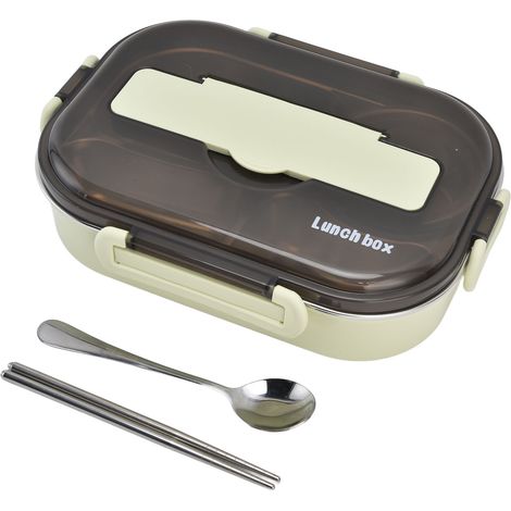 Boîte-repas bento portable 1.3L en acier inox 304 pour enfants, 4 compartiments avec bol à soupe, baguettes et cuillère, couleur verte (1/5)