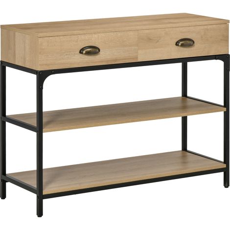 Table d’entrée avec 2 tiroirs et 2 étagères de rangement, 2 cm en chêne, cadre en acier 100x35x79