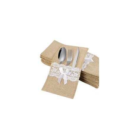 Geschirr aus Jute-Spitze, Taschen aus Jute-Spitze, Besteckbeutel, Artikel und Accessoires für Hochzeiten, Weihnachten und Partys, Tischdekorationen, Taschen aus Jute-Spitze, 20er-Packung – Crezuo