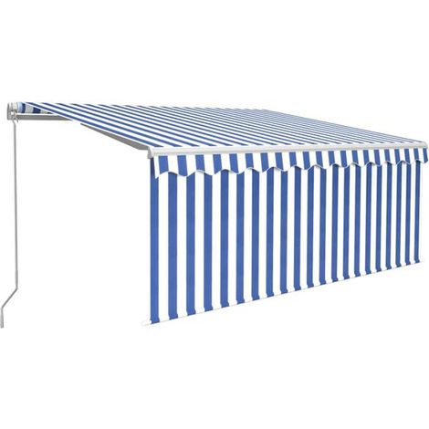 Store banne manuel rétractable avec stores, éclairage LED, 3 x 2,5 mètres, bleu et blanc. (1/5)