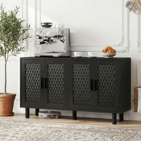 Comò camera, 4 porte, intreccio di rattan, maniglia in metallo - L 140 x P 40 x H 80 cm - nero