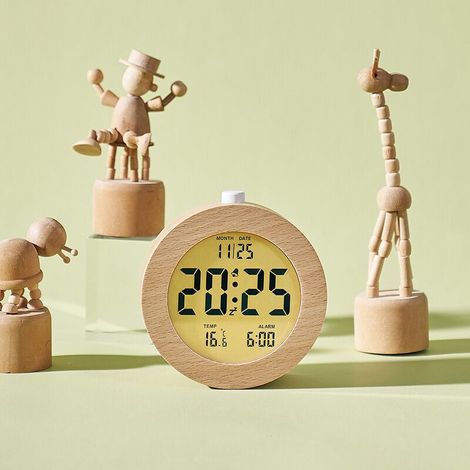 Clock Réveil Numérique en Bois, Réveil Matin LCD Horloge Numérique avec Affichage Date, Température, Snooze, Rétro-éclairage, Horloge Digitale Alimenté par Pile (1/4)
