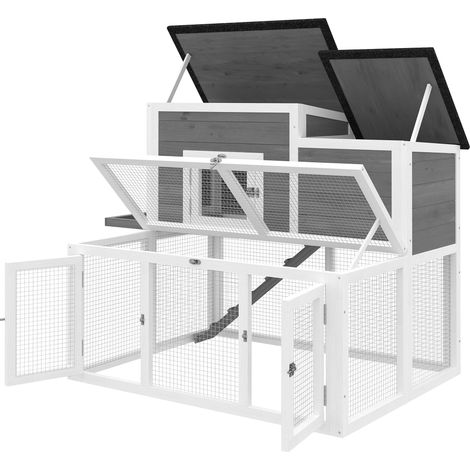Clapier Lapin Extérieur en Bois Cage à Lapin Intérieur Double Toit Ouvrant Imperméable 2 Niveaux avec Enclos Gris