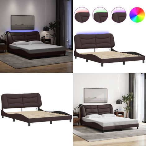 Cadre de lit avec LED sans matelas marron foncé 160x200cm tissu - Lit Plateforme - Chambre À Coucher - Cadre De Lit Design - Éclairage LED - Têtière Rembourrée - Home & Living (1/5)