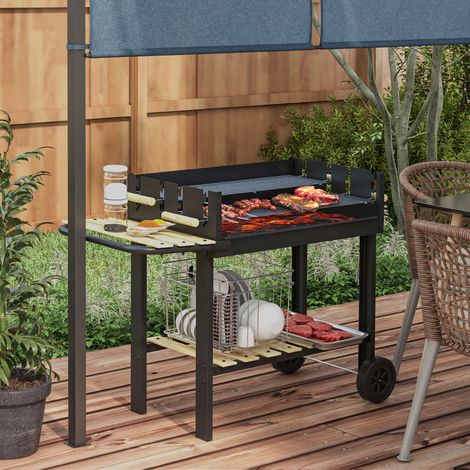 Barbecue au charbon de bois 113 x 53,5 x 82,5 cm avec 2 grilles, hauteur réglable, table d'appoint, étagère et roulettes pour jardin, noir