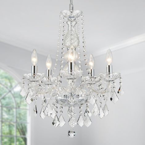 Crystal 5-Light Candle Lustre Pendentif Flushmount Lumière de plafond Lumière d'éclairage moderne pour chambre Couloir Bar Cuisine Salle de bain, H 63.5cm x W 50.8cm, Chrome, Base E14 (1/5)