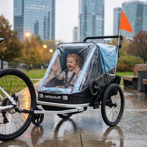 Remorque vélo enfant 2 places, pliable 2 en 1, avec siège et sangles réglables, bleue (1/5)
