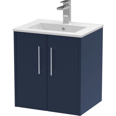 Winshill Contemporary 2 Door Wall Hung Vanity Unit with Minimalist Basin, Dark Blue, 500mm (1/4)