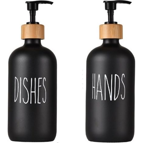 Lot de 2 distributeurs indépendants en verre noir rechargeables, 500 ml, pour savon pour les mains et liquide vaisselle. (1/3)