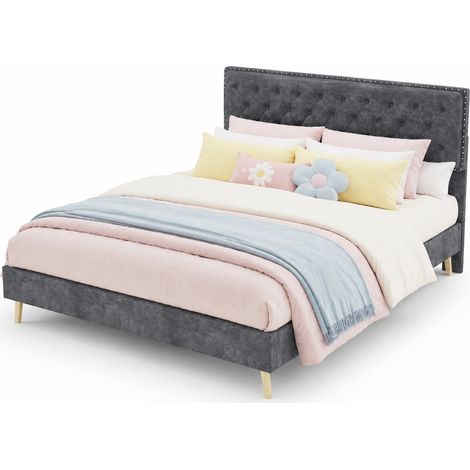 CHICFURN lit rembourré en velours hollandais gris tête de lit haute 160 cm sur 200 cm (1/5)