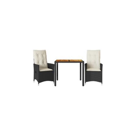 Ensemble de bistro 3 pcs et coussins noir résine tressée acacia (1/5)