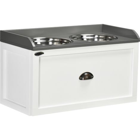 Gamelle et écuelle pour chat et chien surélevée 2x2L avec tiroir de rangement, bols en acier inoxydable, station d'alimentation design et pratique, couleur blanc