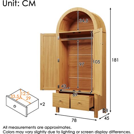 Armadio 181x78x45 cm con intreccio in rattan, stile country effetto rovere, ripiano semicircolare a giorno, 2 ante con chiusura magnetica, 2 cassetti, asta appendiabiti e dispositivo antiribaltamento. (1/5)